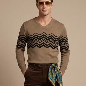 MR TURK Men's Merino wool V-Neck Sweater in tan brown size Small